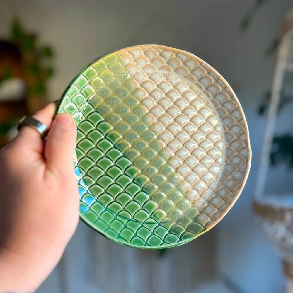 Handmade Green Mermaid Scales Ceramic Plate, 7-Inch Coastal Decorative Dish